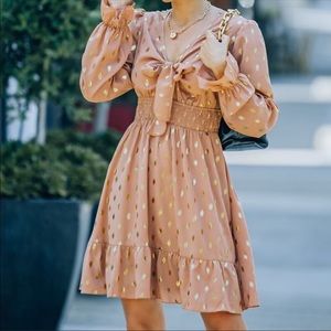 Smocked bust tie metallic dress